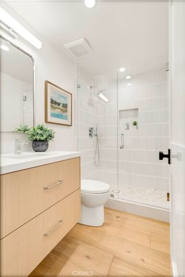 Bathroom, Glass Shower, Interior, Recessed Lighting, Wood Texture Flooring