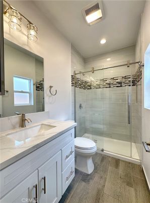 Bathroom, Glass Shower, Interior, Recessed Lighting, Wood Texture Flooring
