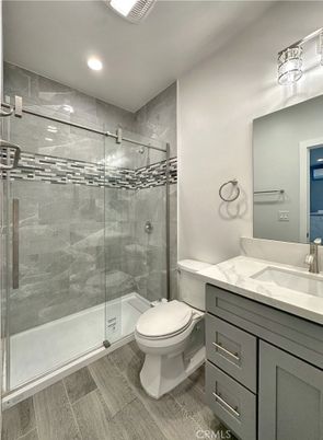 Bathroom, Glass Shower, Interior, Recessed Lighting, Wood Texture Flooring