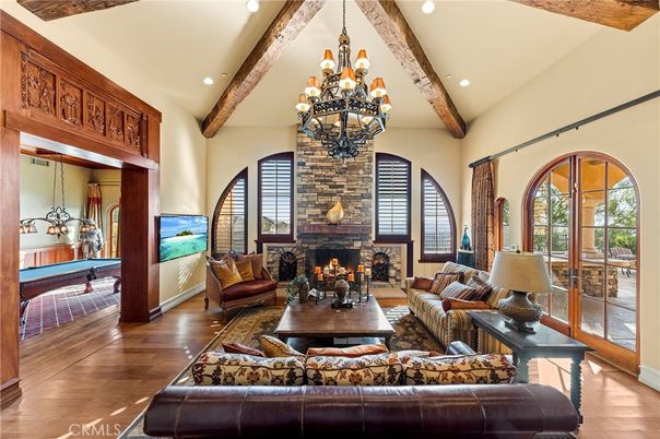 Chandelier, Fireplace, Interior, Living room, Recessed Lighting, Wooden Beams, Wood Texture Flooring