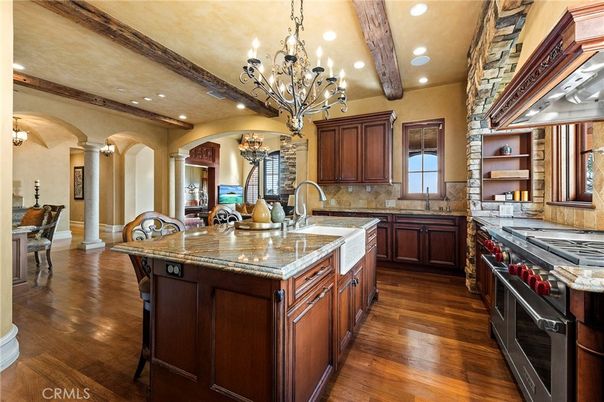 Chandelier, Interior, Kitchen, Recessed Lighting, Stainless Steel Appliances, Wooden Beams, Wood Texture Flooring