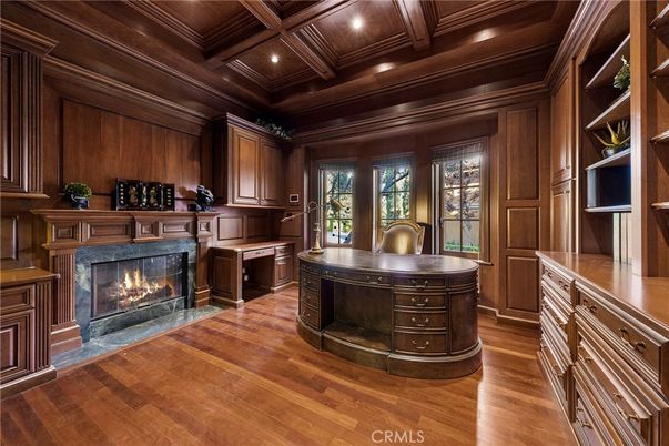 Fireplace, Home Office, Interior, Recessed Lighting, Wooden Beams, Wooden Ceilings, Wood Texture Flooring, Wooden Walls