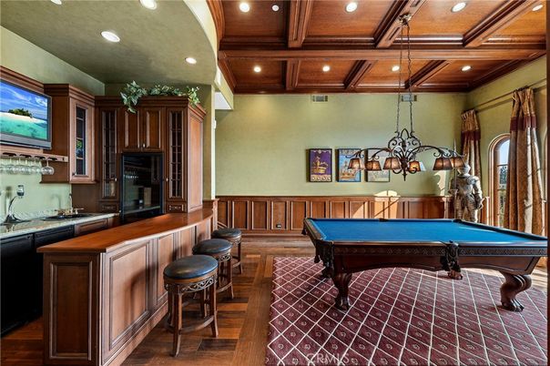 Billiard Table, Chandelier, Game Room, Interior, Recessed Lighting, Wooden Beams, Wooden Ceilings, Wood Texture Flooring