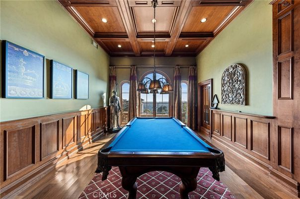 Billiard Table, Chandelier, Game Room, Interior, Recessed Lighting, Wooden Beams, Wooden Ceilings, Wood Texture Flooring