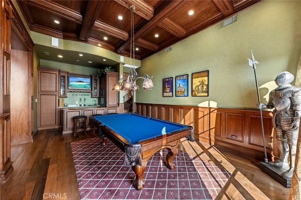 Billiard Table, Game Room, Interior, Pendant Lights, Recessed Lighting, Wooden Beams, Wooden Ceilings, Wood Texture Flooring