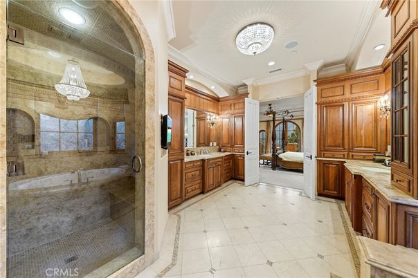 Bathroom, Chandelier, Glass Shower, Interior, Recessed Lighting