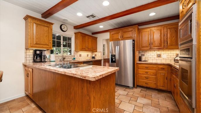 Interior, Kitchen, Recessed Lighting, Stainless Steel Appliances, Wooden Beams