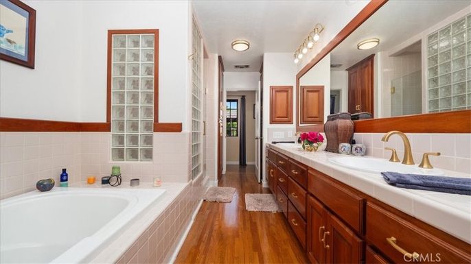 Bathroom, Dual Sink Vanities, Interior, Tile Countertops, Wood Texture Flooring