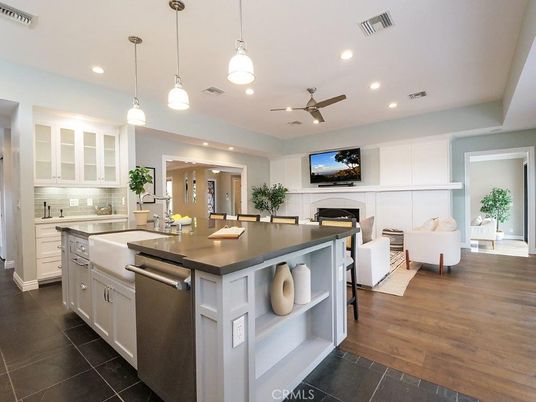 Fireplace, Interior, Kitchen, Living room, Pendant Lights, Recessed Lighting, Stainless Steel Appliances, Wood Texture Flooring