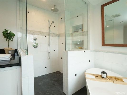 Bathroom, Glass Shower, Interior, Marble Walls, Recessed Lighting