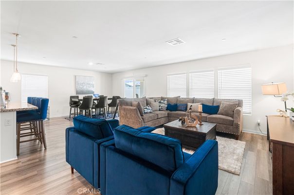 Dining room, Interior, Living room, Pendant Lights, Recessed Lighting, Wood Texture Flooring