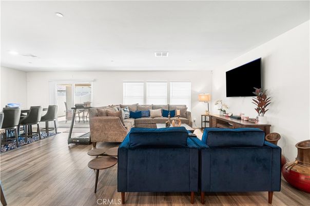Dining room, Interior, Living room, Recessed Lighting, Wood Texture Flooring