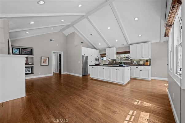 Empty room, Interior, Kitchen, Recessed Lighting, Wood Texture Flooring