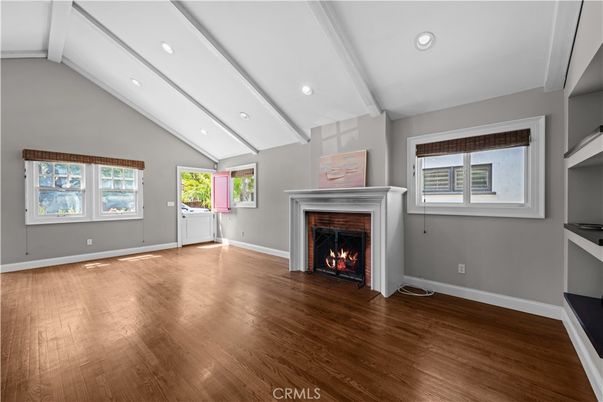 Empty room, Fireplace, Interior, Recessed Lighting, Wood Texture Flooring