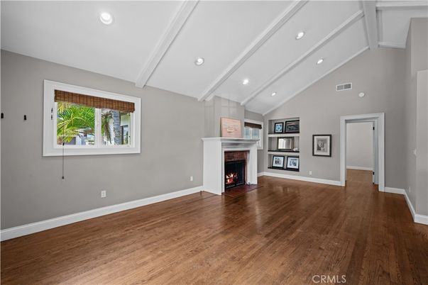 Empty room, Fireplace, Interior, Recessed Lighting, Wood Texture Flooring