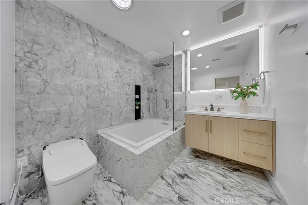 Bathroom, Glass Shower, Interior, Marble, Marble Walls, Recessed Lighting