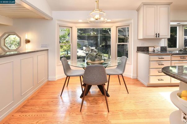 Dining room, Interior, Pendant Lights, Recessed Lighting, Wood Texture Flooring