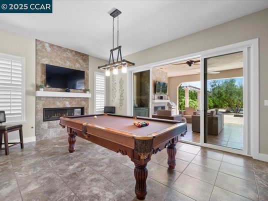 Billiard Table, Fireplace, Game Room, Interior, Pendant Lights