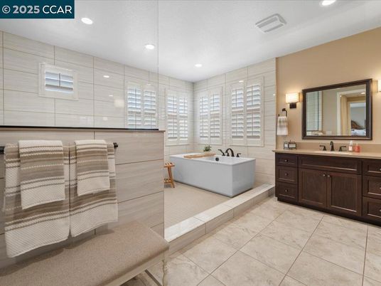 Bathroom, Dual Sink Vanities, Glass Shower, Interior, Recessed Lighting