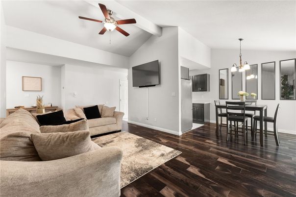 Dining room, Interior, Living room, Pendant Lights, Wood Texture Flooring