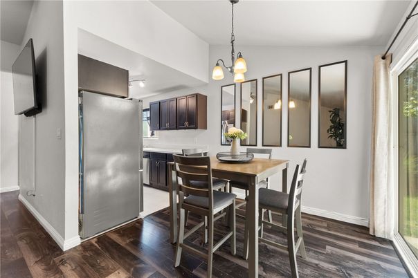 Dining room, Interior, Pendant Lights, Wood Texture Flooring