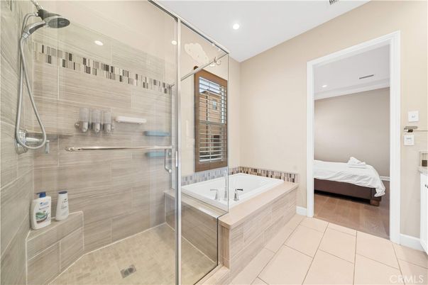 Bathroom, Bedroom, Glass Shower, Interior, Recessed Lighting, Wood Texture Flooring