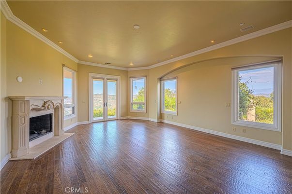 Empty room, Fireplace, Interior, Recessed Lighting, Wood Texture Flooring