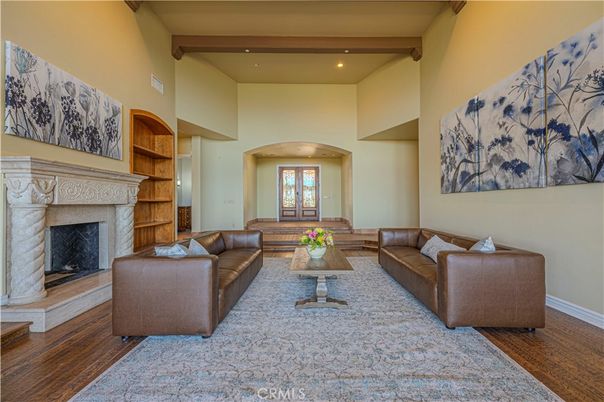 Fireplace, Interior, Living room, Recessed Lighting, Wooden Beams, Wood Texture Flooring