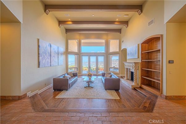 Fireplace, Interior, Living room, Recessed Lighting, Wooden Beams