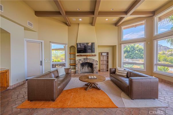 Fireplace, Interior, Living room, Recessed Lighting, Wooden Beams