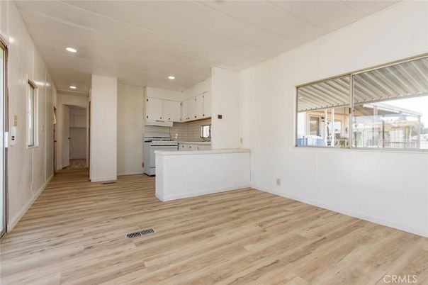Empty room, Interior, Kitchen, Recessed Lighting, Wood Texture Flooring