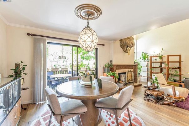Dining room, Fireplace, Interior, Pendant Lights, Wood Texture Flooring