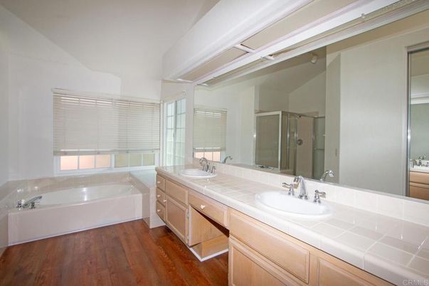 Bathroom, Dual Sink Vanities, Interior, Tile Countertops, Wood Texture Flooring