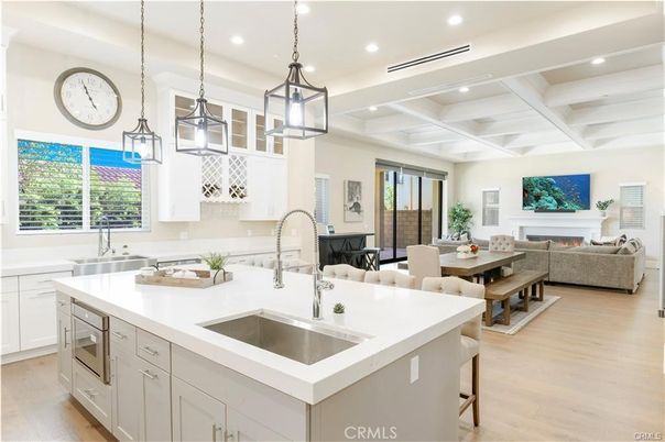 Dining room, Fireplace, Interior, Kitchen, Living room, Pendant Lights, Recessed Lighting, Wood Texture Flooring