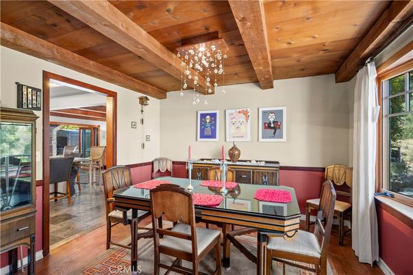 Dining room, Interior, Pendant Lights, Wooden Beams, Wooden Ceilings, Wood Texture Flooring