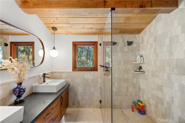 Bathroom, Glass Shower, Interior, Pendant Lights, Wooden Ceilings