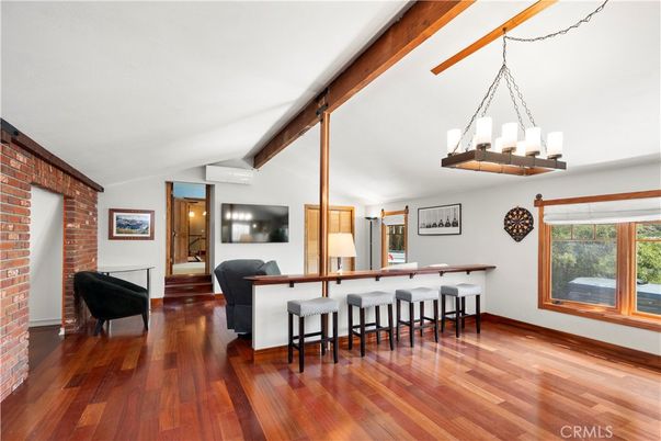 Chandelier, Interior, Pendant Lights, Stone Walls, Wooden Beams, Wood Texture Flooring