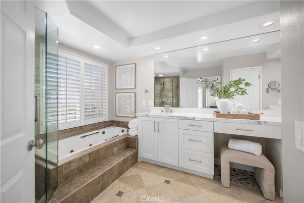 Bathroom, Dual Sink Vanities, Glass Shower, Interior, Recessed Lighting