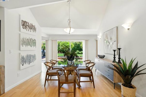 Dining room, Interior, Pendant Lights, Wood Texture Flooring
