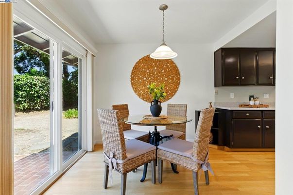Dining room, Interior, Pendant Lights, Wood Texture Flooring