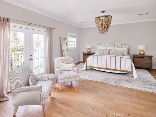 Bedroom, Chandelier, Interior, Wood Texture Flooring