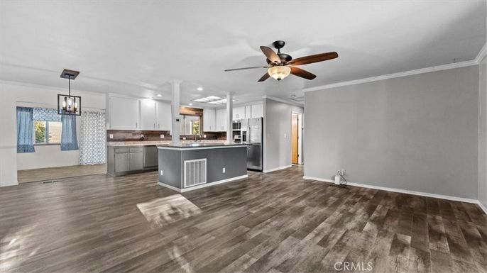 Chandelier, Empty room, Interior, Kitchen, Pendant Lights, Recessed Lighting, Wood Texture Flooring