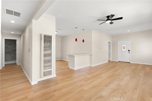Empty room, Interior, Pendant Lights, Recessed Lighting, Wood Texture Flooring