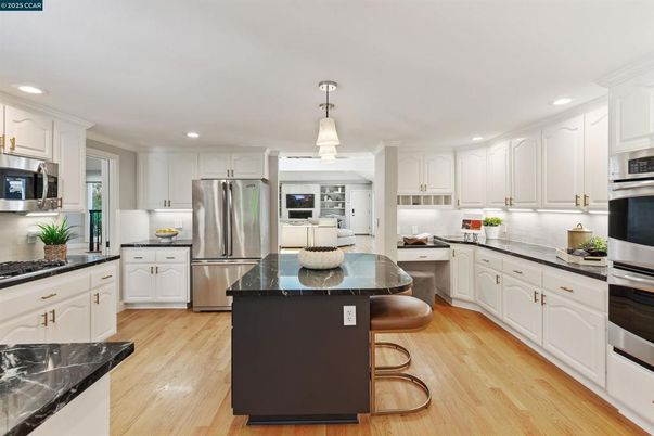 Interior, Kitchen, Pendant Lights, Recessed Lighting, Stainless Steel Appliances, Wood Texture Flooring