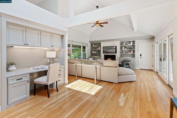 Fireplace, Home Office, Interior, Living room, Wood Texture Flooring