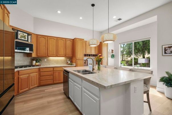 Interior, Kitchen, Pendant Lights, Recessed Lighting, Stainless Steel Appliances, Wood Texture Flooring