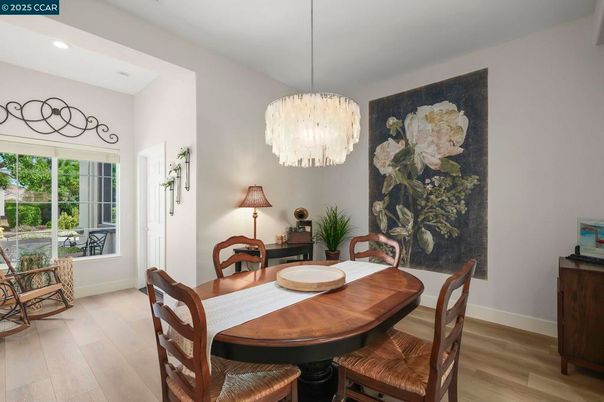 Chandelier, Dining room, Interior, Recessed Lighting, Wood Texture Flooring