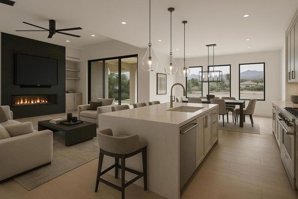 Dining room, Fireplace, Interior, Kitchen, Living room, Pendant Lights, Recessed Lighting, Stainless Steel Appliances, Wood Texture Flooring
