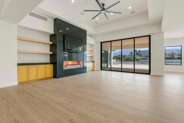 Empty room, Fireplace, Interior, Recessed Lighting, Wood Texture Flooring
