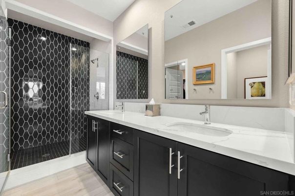 Bathroom, Dual Sink Vanities, Glass Shower, Interior, Wood Texture Flooring